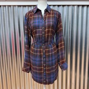 NWT Free People Multicolor Plaid Flannel Button Up Shirt Dress Cut-Out Back